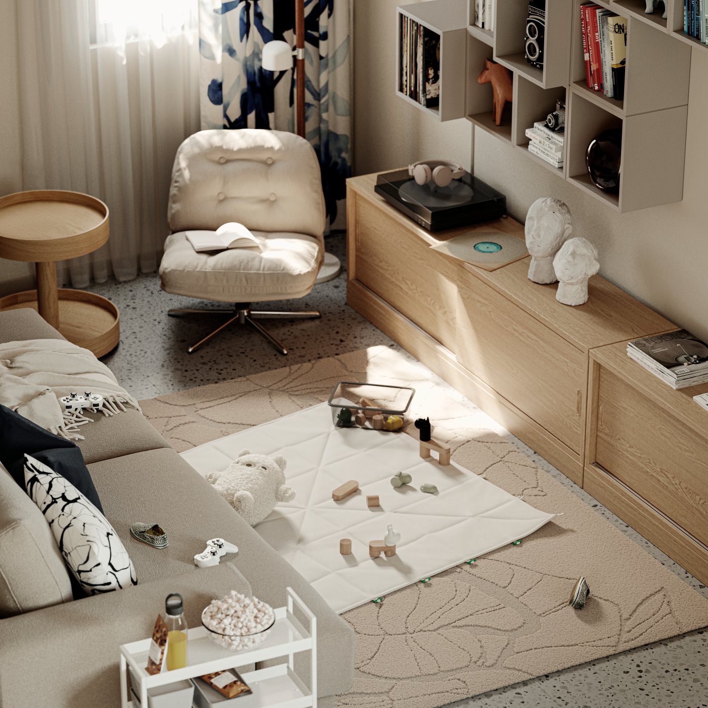 Two TONSTAD TV benches and a DYVLINGE swivel easy chair stand near a GREJSIMOJS mat/storage box that is folded out as a mat.
