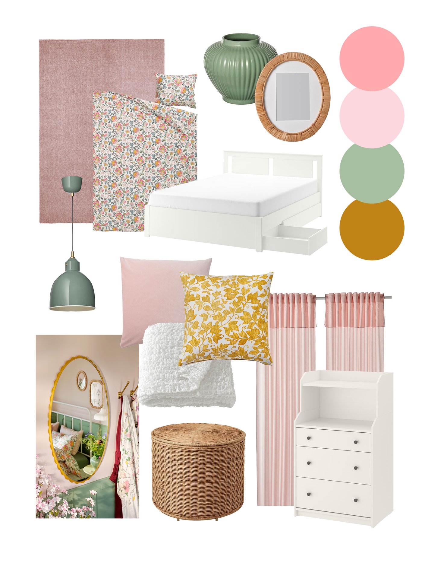Moodboard med rosa och gröna inredningsdetaljer: säng, textilier, spegel, lampa, gardiner och korg i en mjuk pastellpalett.