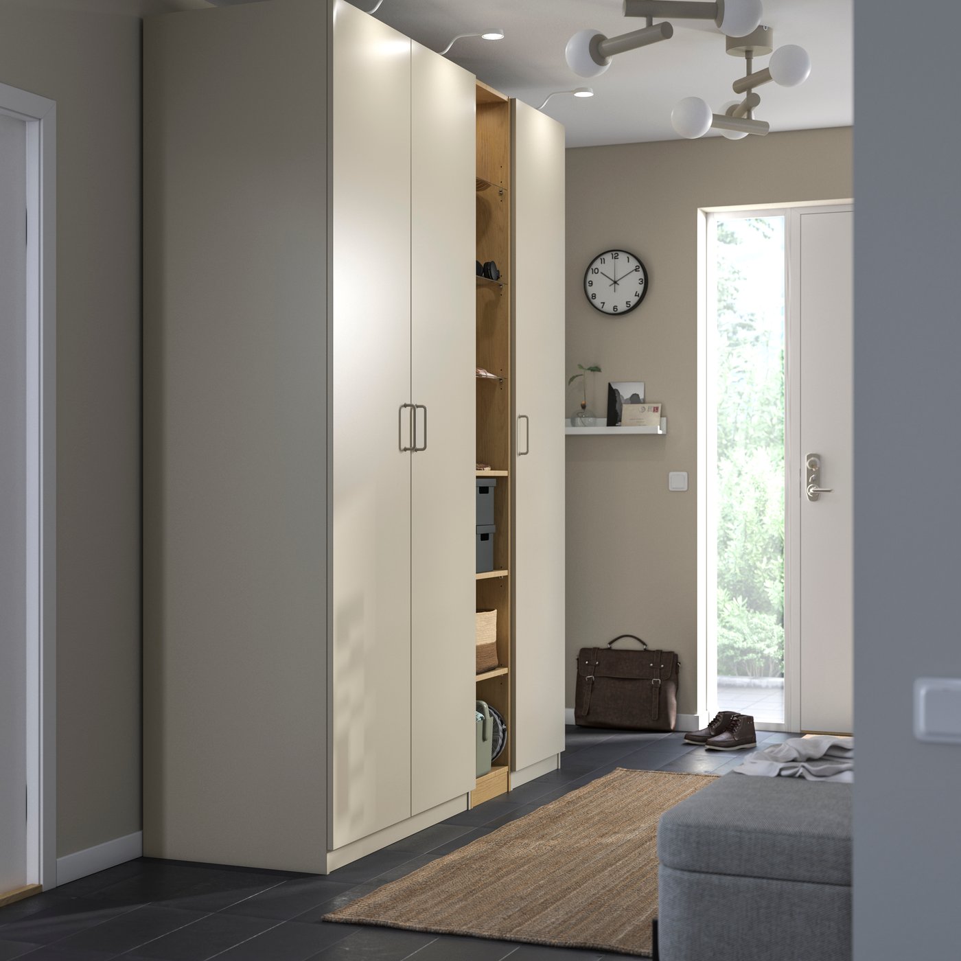 IKEA PAX / FORSAND garderobskombination, gråbeige gråbeige/ekmönstrad, 185x60x236 cm