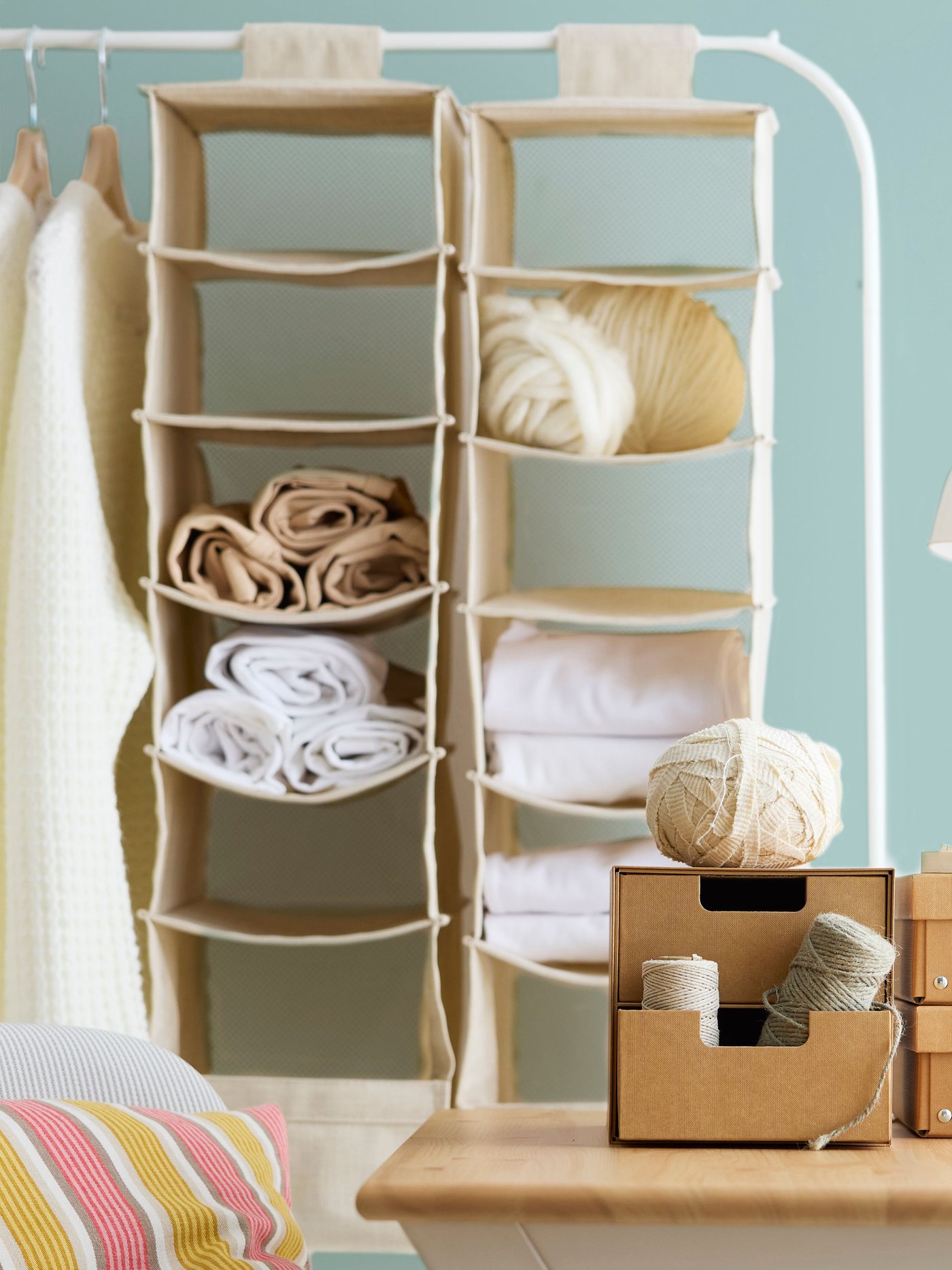 A textile/beige PURRPINGLA hanging storage w 6 compartments