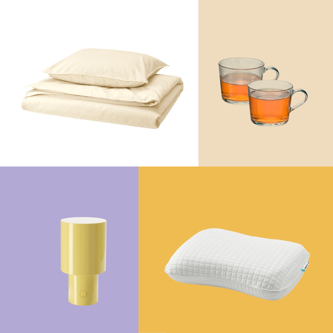 Ein beiges ÄNGSLILJA Bettwäsche-Set, KLUBBSPORRE ergonomisches Kissen, SPETSBOJ Tischleuchte und IKEA 365+ Tassen