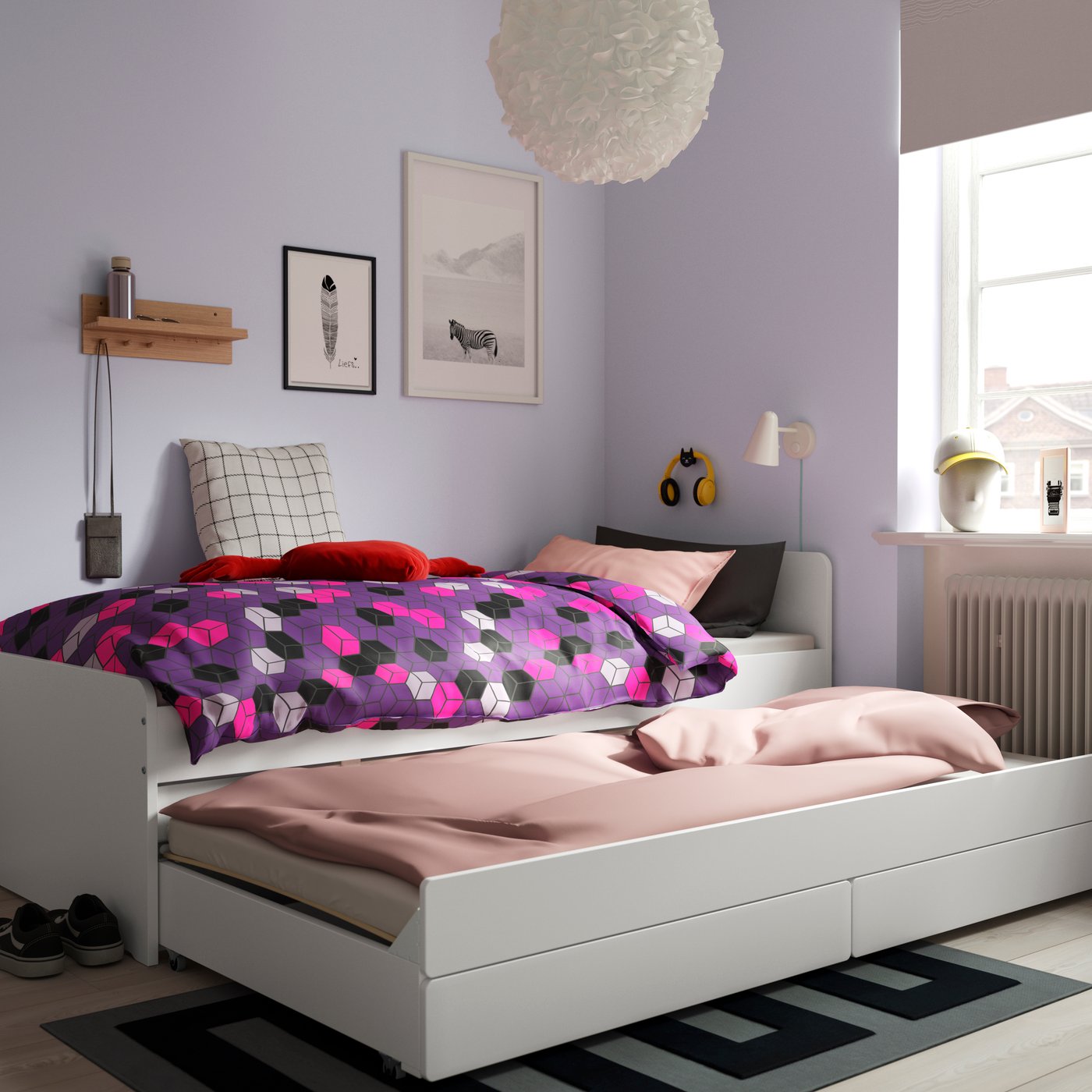 A white SLÄKT bed frame with underbed and storage