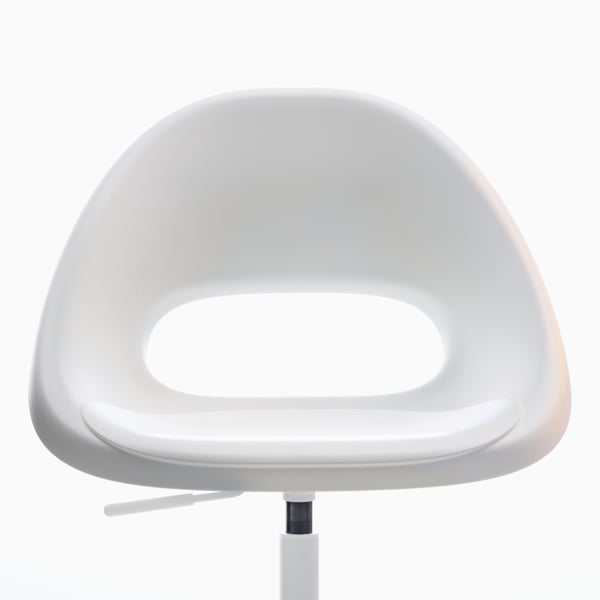 Close-up of a white LOBERGET swivel chair, seen from the front.