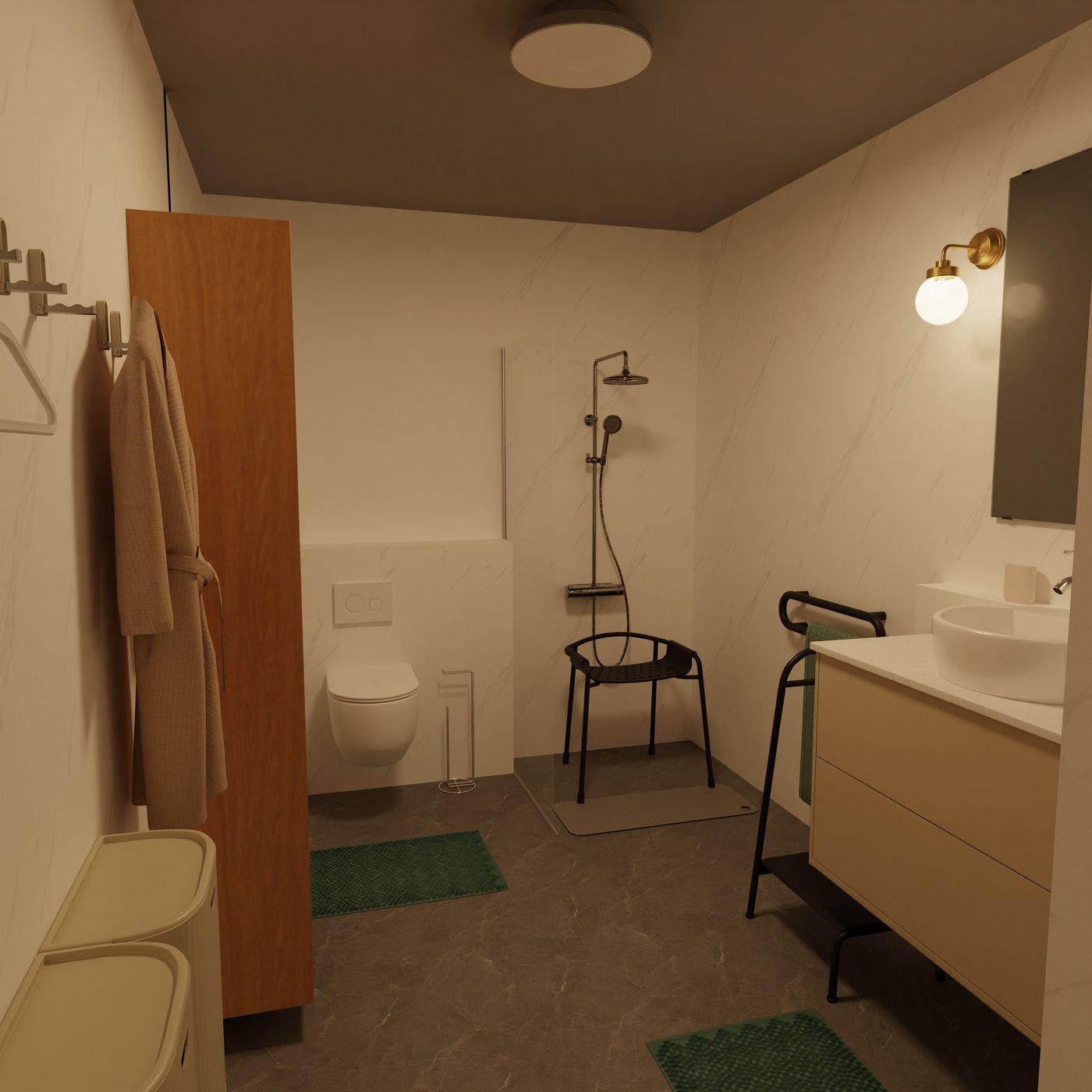 Barrierefreies Badezimmer mit Stuhl in der Dusche und der Möglichkeit die Wäsche zu sortieren.