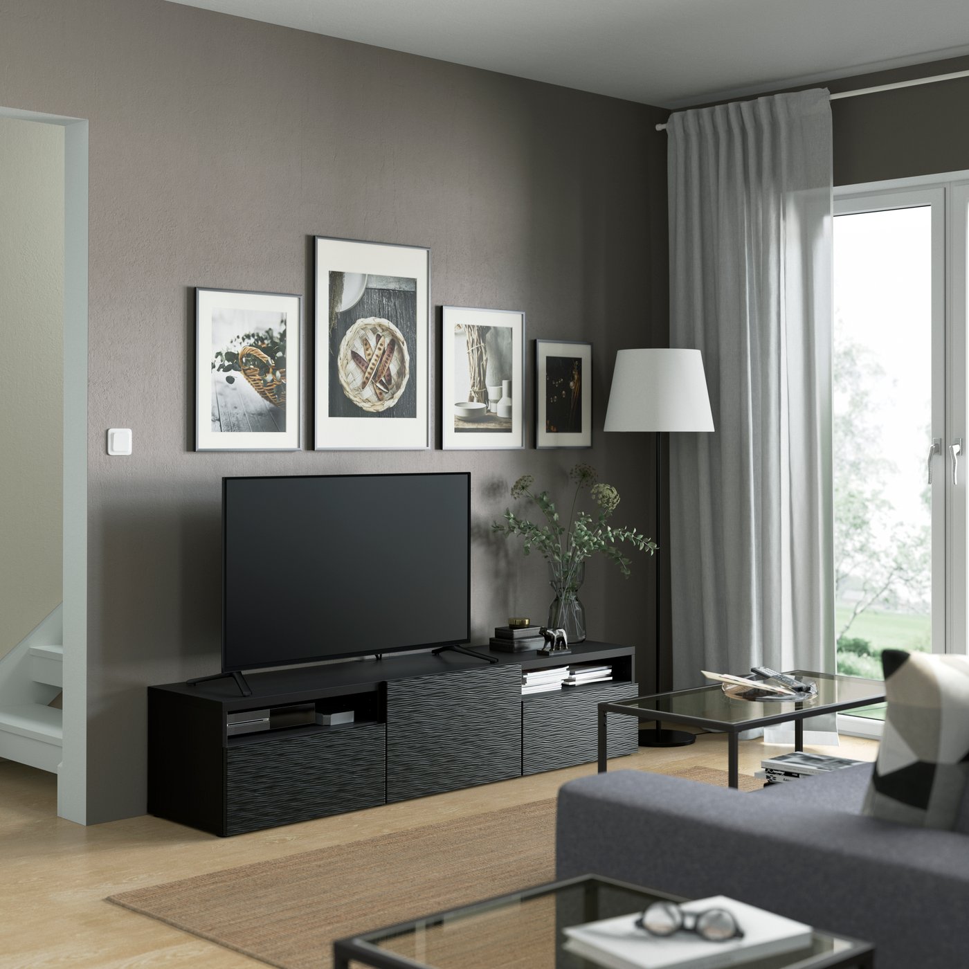 Banc TV avec tiroirs et porte en BESTÅ noir-brun/Laxviken noir