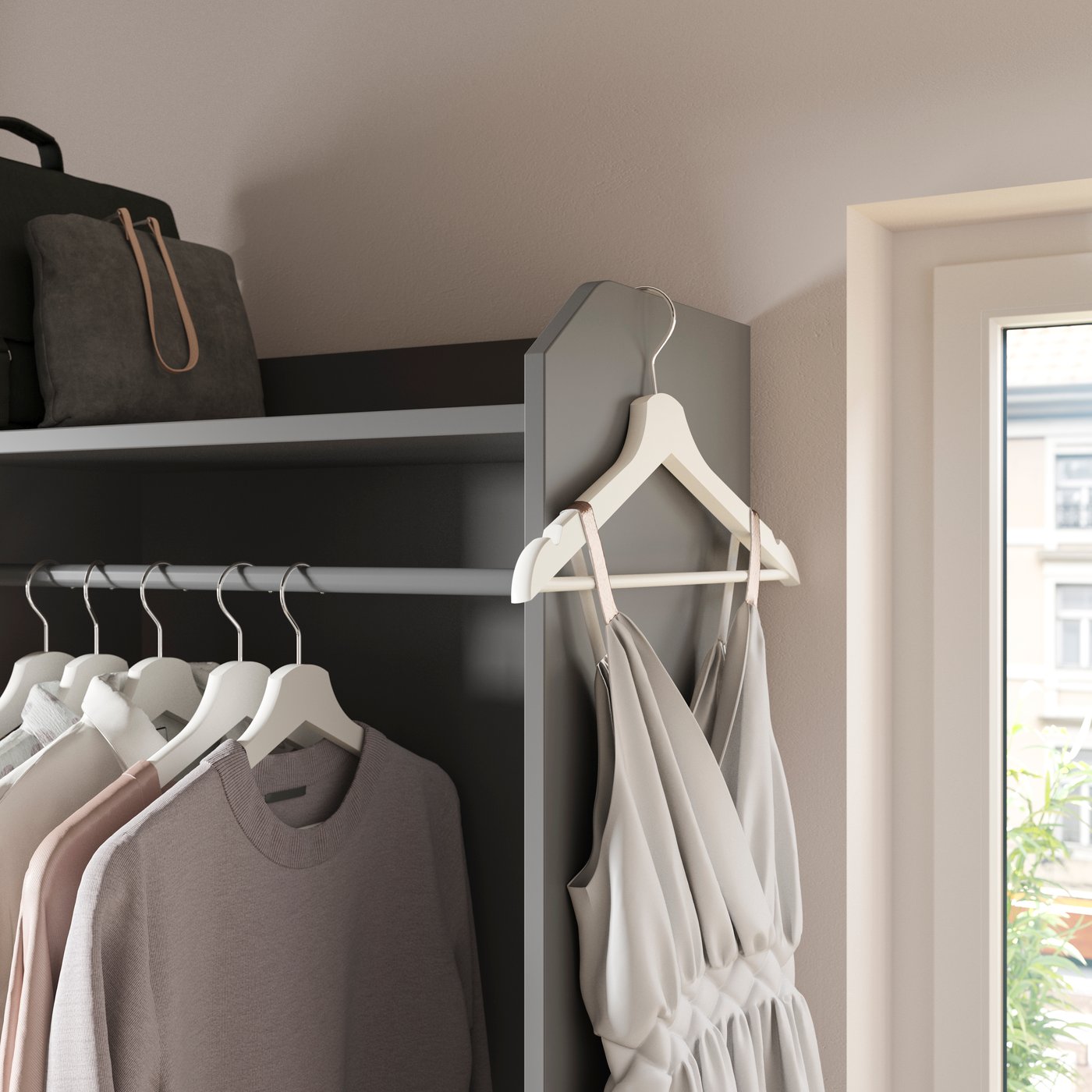 Clóset HAUGA abierto gris oscuro con ropa colgando