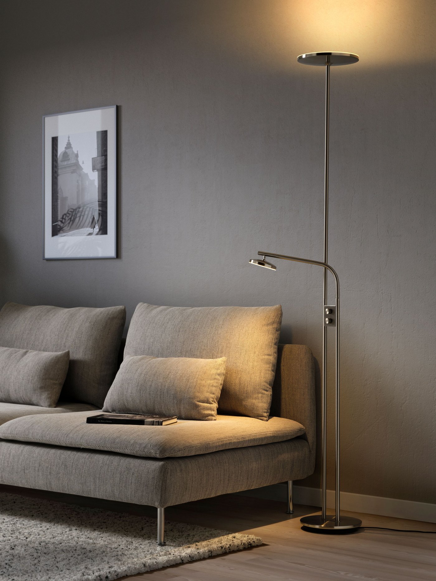 A dimmable/nickel-plated ISJAKT LED floor uplighter/reading lamp in the living room