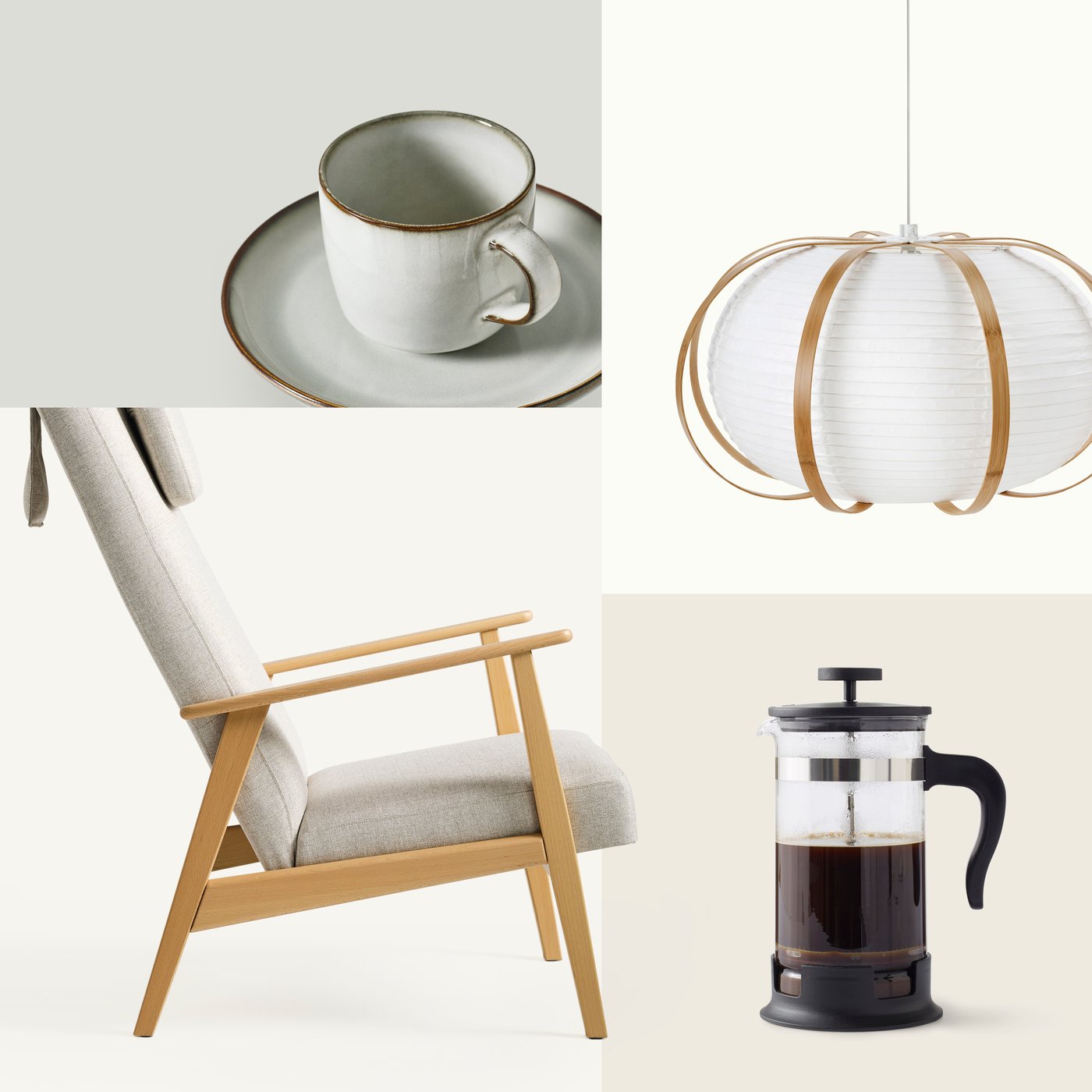 Collage raffigurante una tazza da tè, una lampada a sospensione TAGGTOFS bianca, una poltrona EKENÄSET e una caffettiera/teiera pressofiltro UPPHETTA.