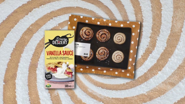 girelle alla cannella BJÄLLRA, surgelato 510 g e salsa alla vaniglia ARLA VANILJSÅS, 500 ml.