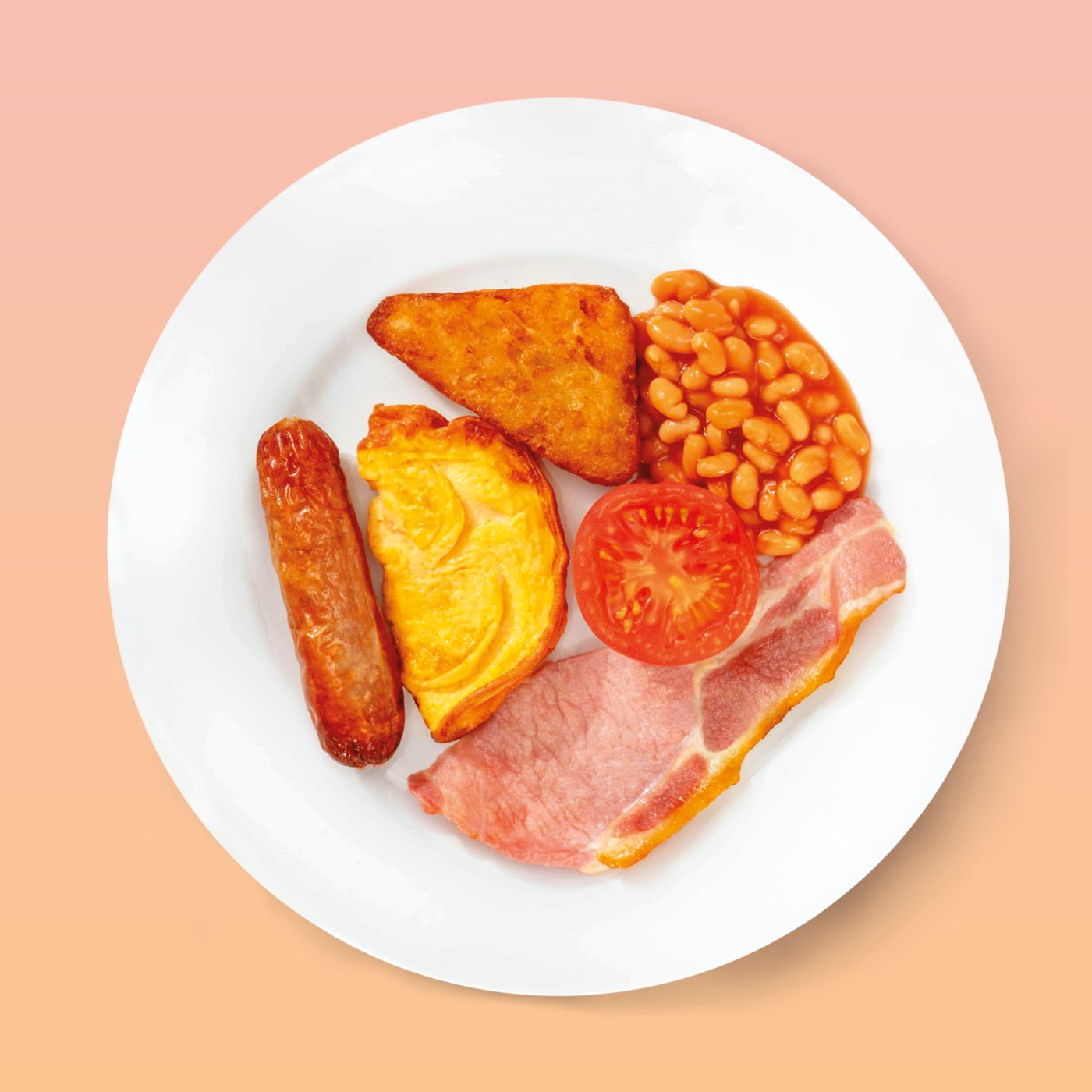 A Full Swedish breakfast on a white plate, on a colourful background.