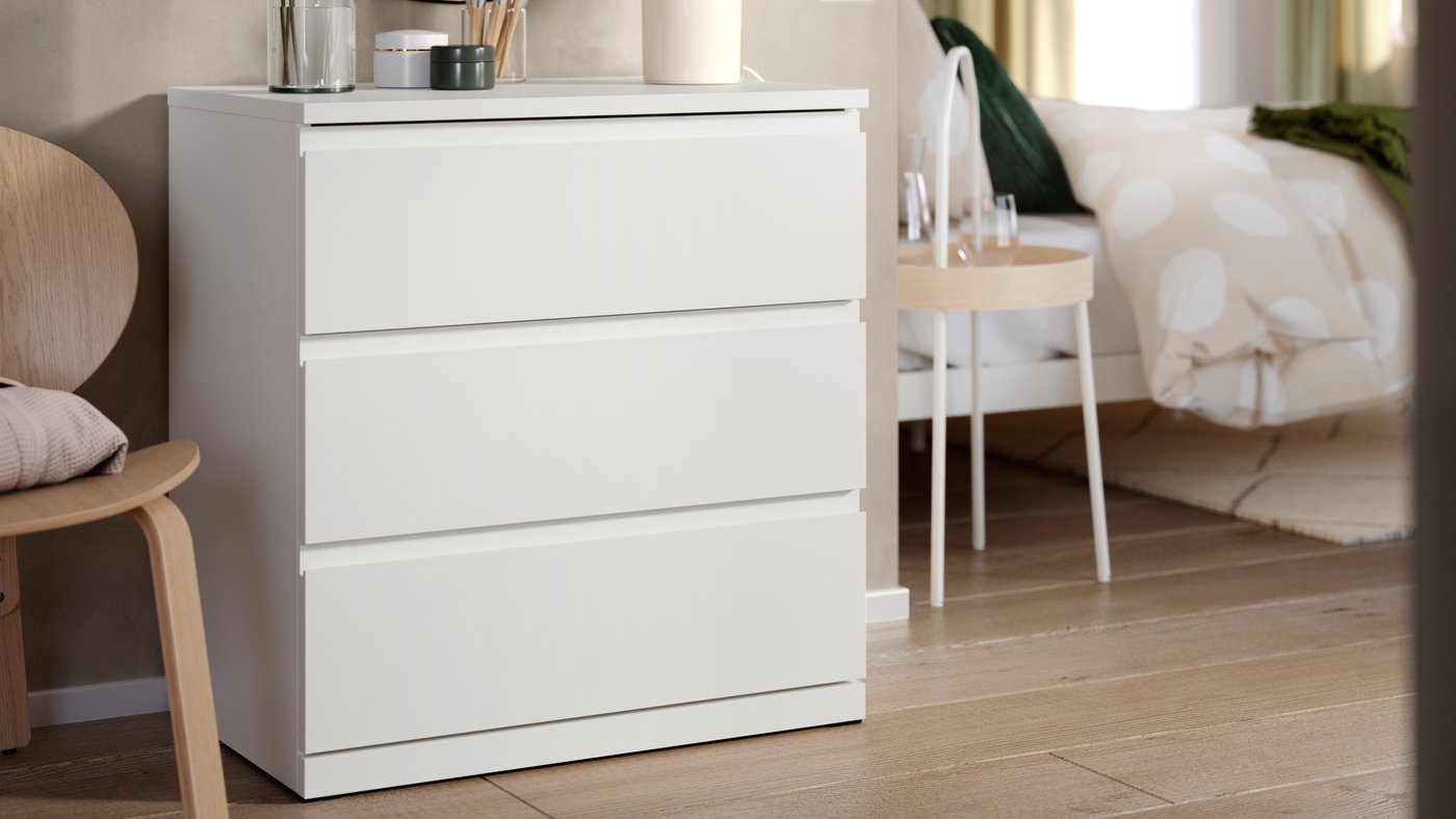 A white/anchor/unlock-function STORKLINTA chest of 3 drawers