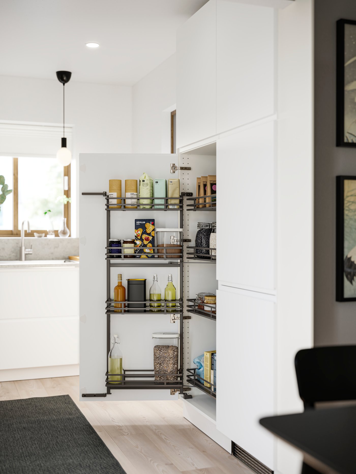 Kitchen corner featuring a black UTRUSTA pull out larder place next to a SEKTION high cabinet for fridge freezer.