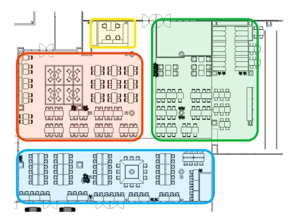 アクティブ・コンフォート・クワイエット・キャッチアップの4ゾーンに分かれたオフィスの座席配置図