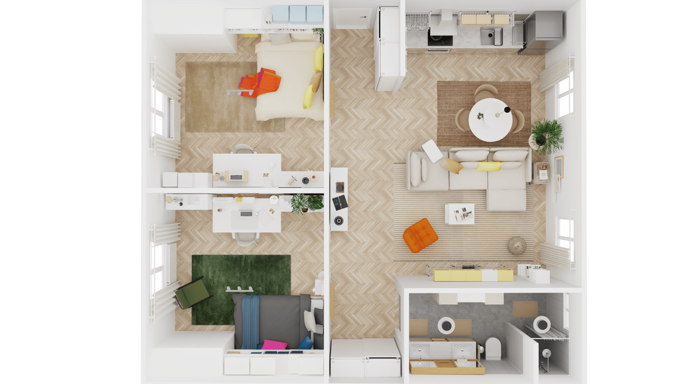 Grundriss einer 3 Zimmer Studentenwohnung mit Badezimmer für 2 Studenten. Die Küche ist in den Wohnraum integriert. 