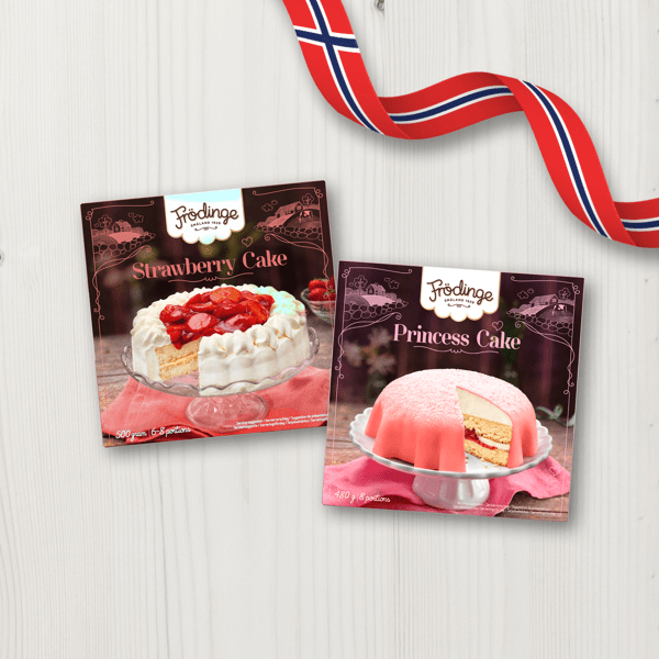 Frödinge jordbærkake 500 g eller marsipankake 480 g.