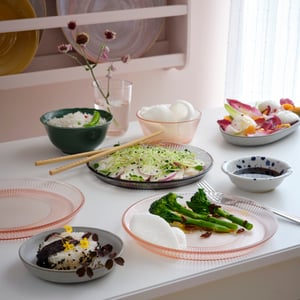 A pink HAVSGÄDDA side plate is elegantly displayed with various dishes, including salad, rice, and vegetables.