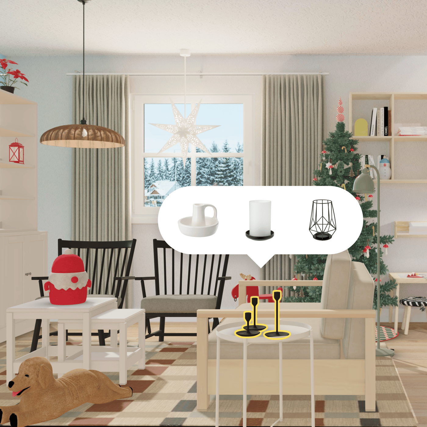 Holiday-themed living room with virtual IKEA Kreativ product options displayed over the furniture.