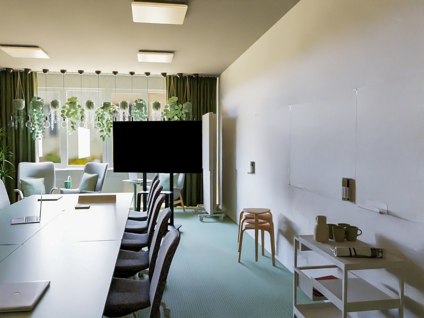 Teil eines Konferenzraums. Blick auf eine Fenster mit Vorhägen und Pflanzen, die von der Decke hängen. Im Vordergrund vier Tische auf Rollen, die zu einem Konferenztisch zusammengeschoben sind. Darauf Laptops und Schreibutensilien. Drumherum Bürostühle. An der Wand ein paar gestapelte Hocker und eine offene Aufbewahrung,darüber zwei große Whiteboards. Vor dem Fenster Sessel, Hocker und Beistelltische mit dekorativen Gegenständen und Beleuchtung. Rechts ein Monitor.