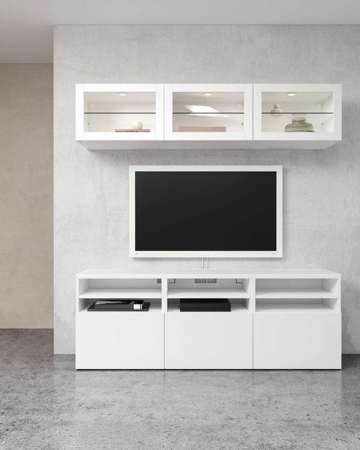 A Lappviken/Sindvik white clear glass BESTÅ TV storage combination/glass doors in the living room