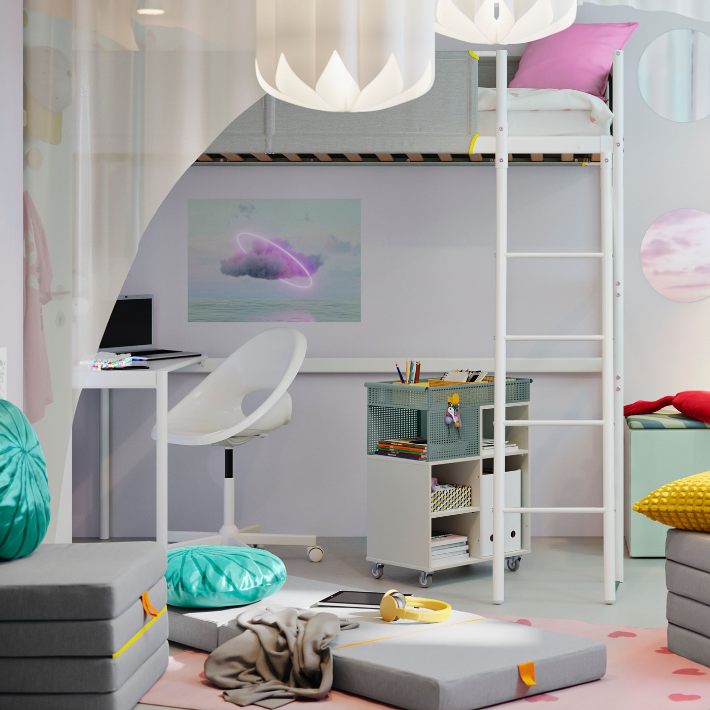 A white/light grey VITVAL loft bed frame with desk top