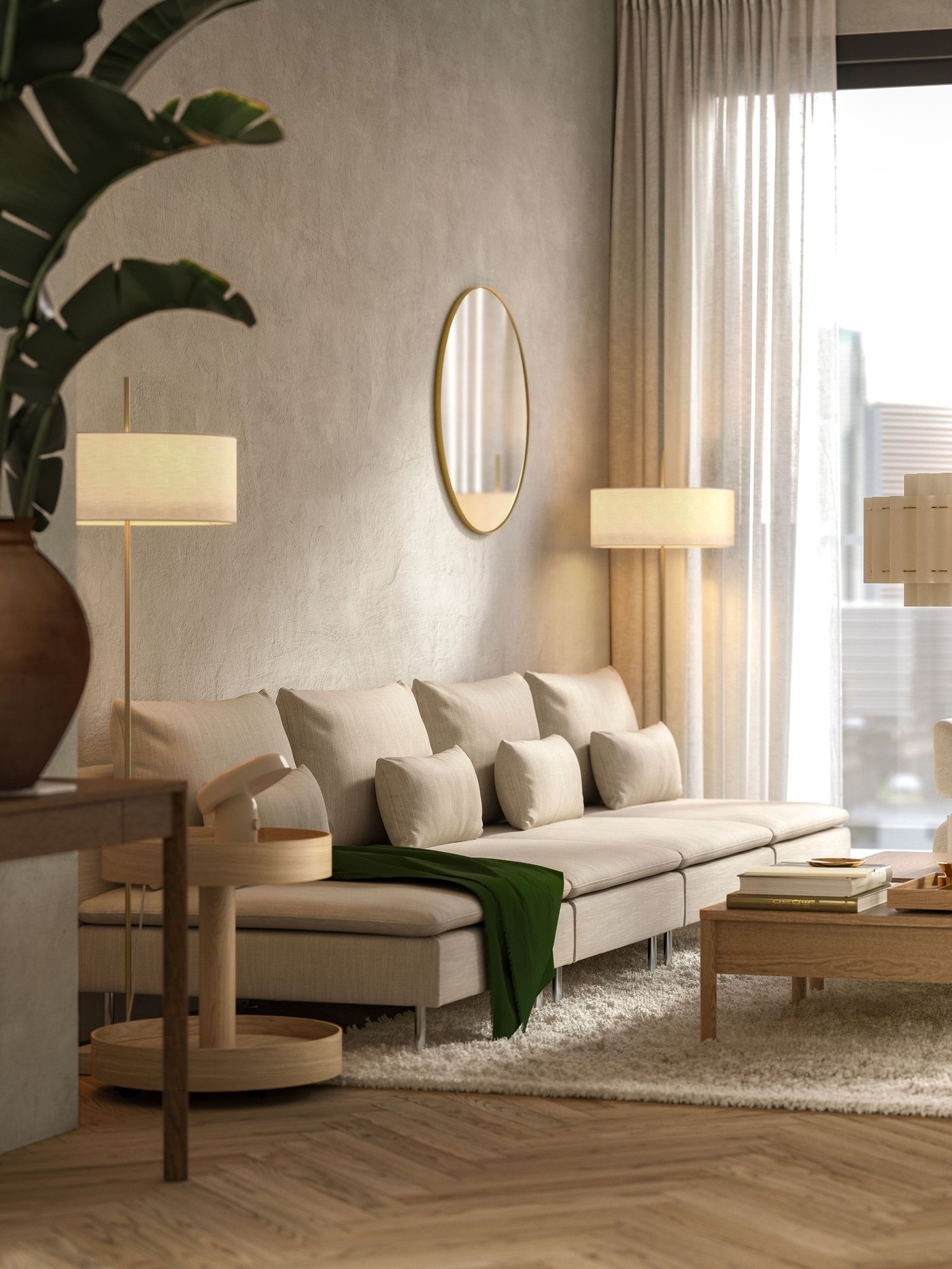 Un lampadaire STOCKHOLM 2025 en textile blanc et laiton plaqué dans le salon