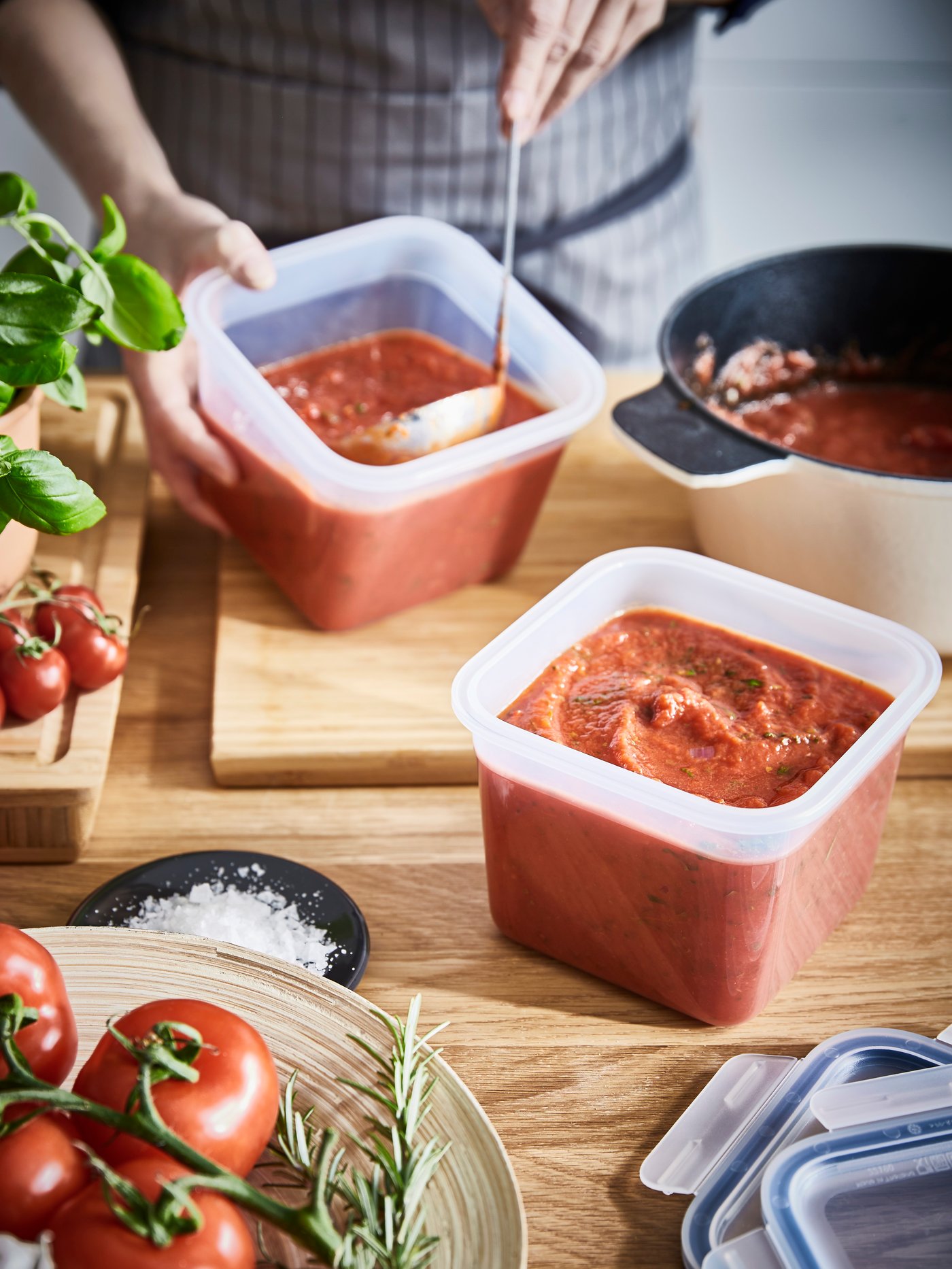 A square/plastic IKEA 365+ food container with lid in the kitchen