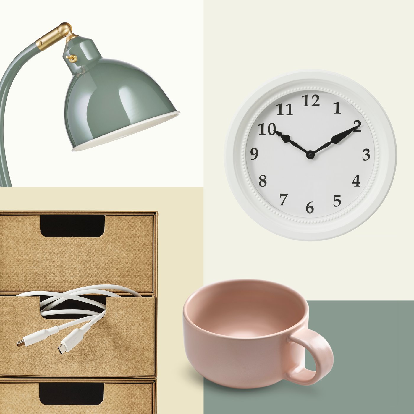 Collage aus einer Tischleuchte, einer weißen SÖNDRUM Wanduhr, Kabeln in einer Mini-Kommode und einem BLOMVECKLARE Becher.