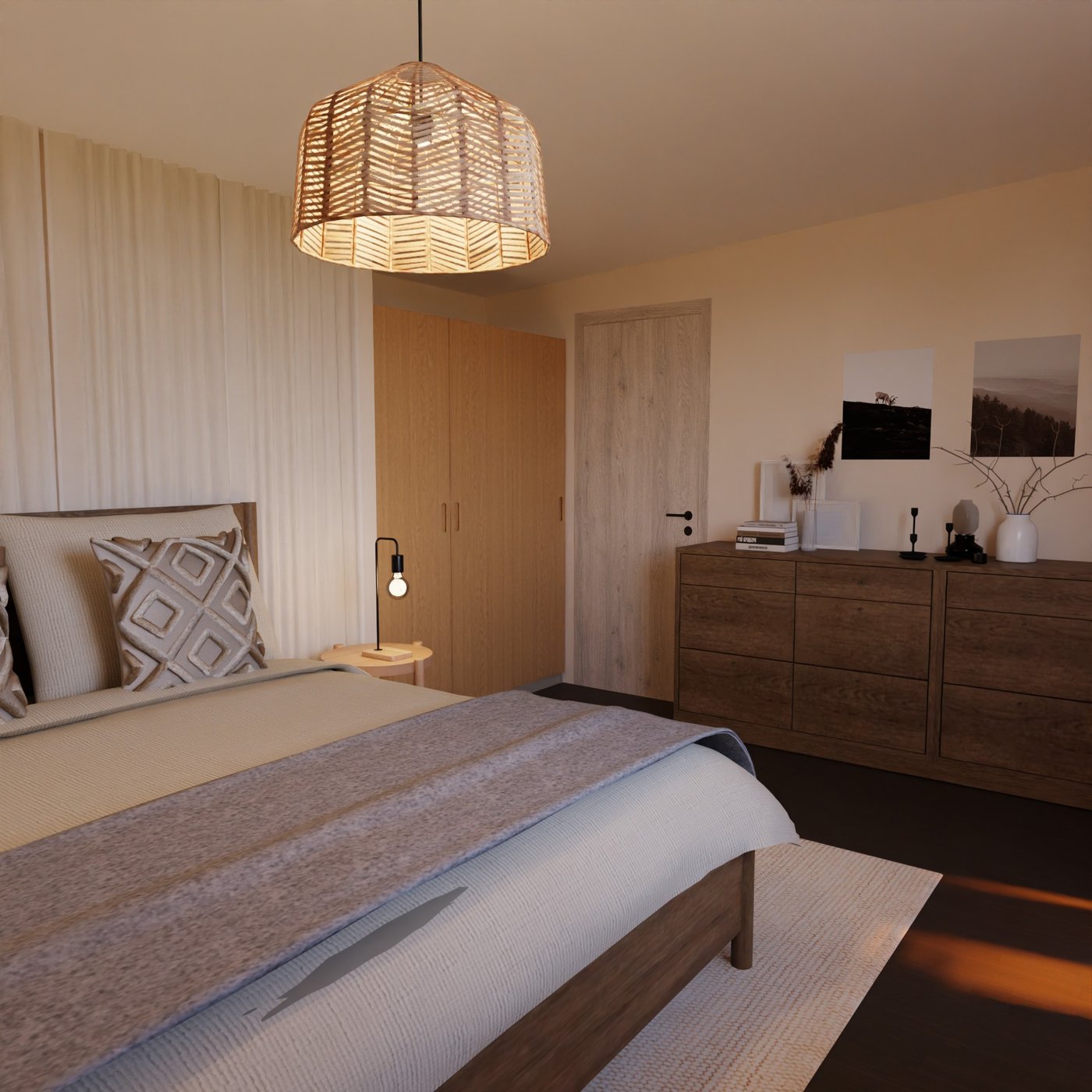 Schlafzimmer mit dunklen Sideboards und Kleiderschrank mit Eichetüren.