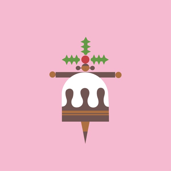 A pink square with an illustration of a Christmas pudding.