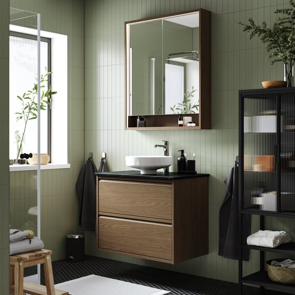 A brown oak effect/black marble effect LERSJÖN wash-stnd w drawers/wash-basin/tap