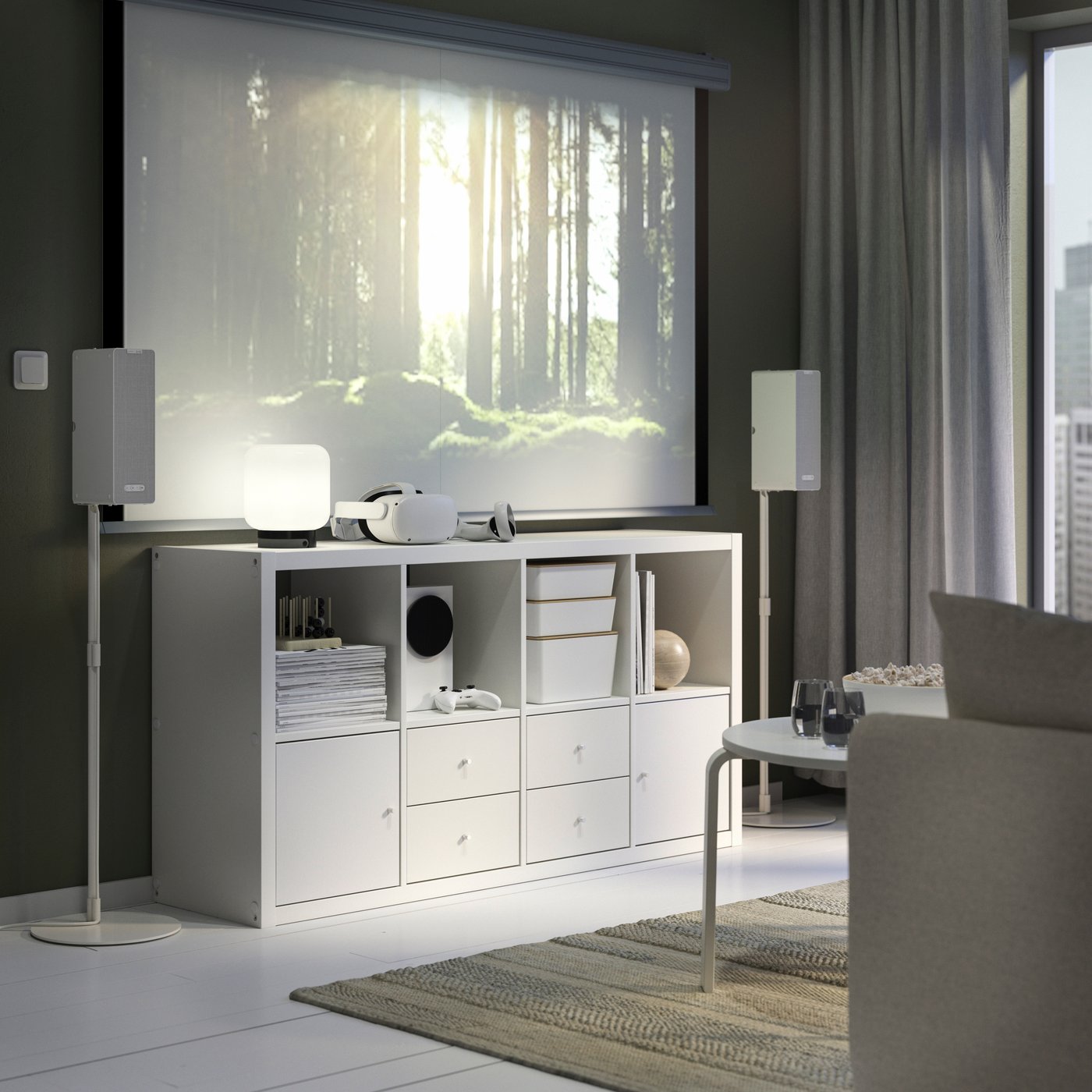 A white KALLAX shelving unit with 4 inserts