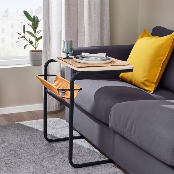 An anthracite/birch effect dark yellow OLSERÖD side table