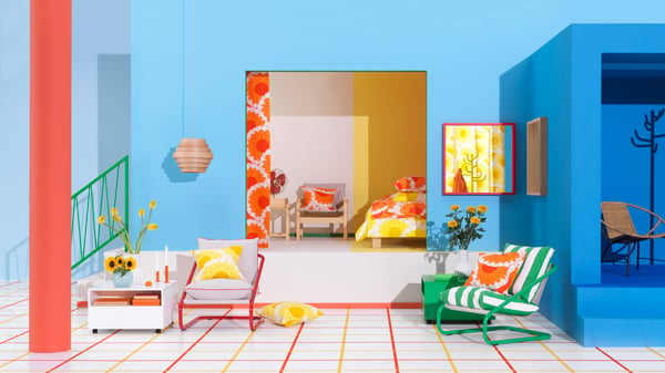 A light blue living room features two ÖNNESTAD armchairs, with a bright yellow bedroom seen in the background.