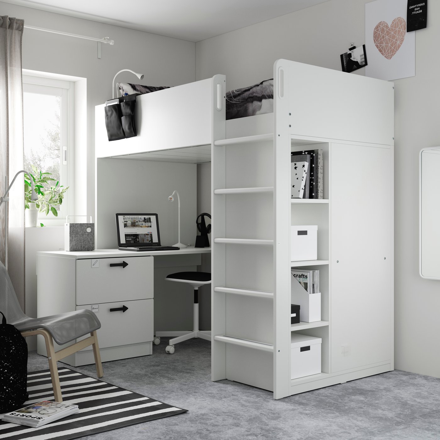 SMÅSTAD 스모스타드 로프트 침대 90x200 화이트 화이트/책상+서랍3 CN 