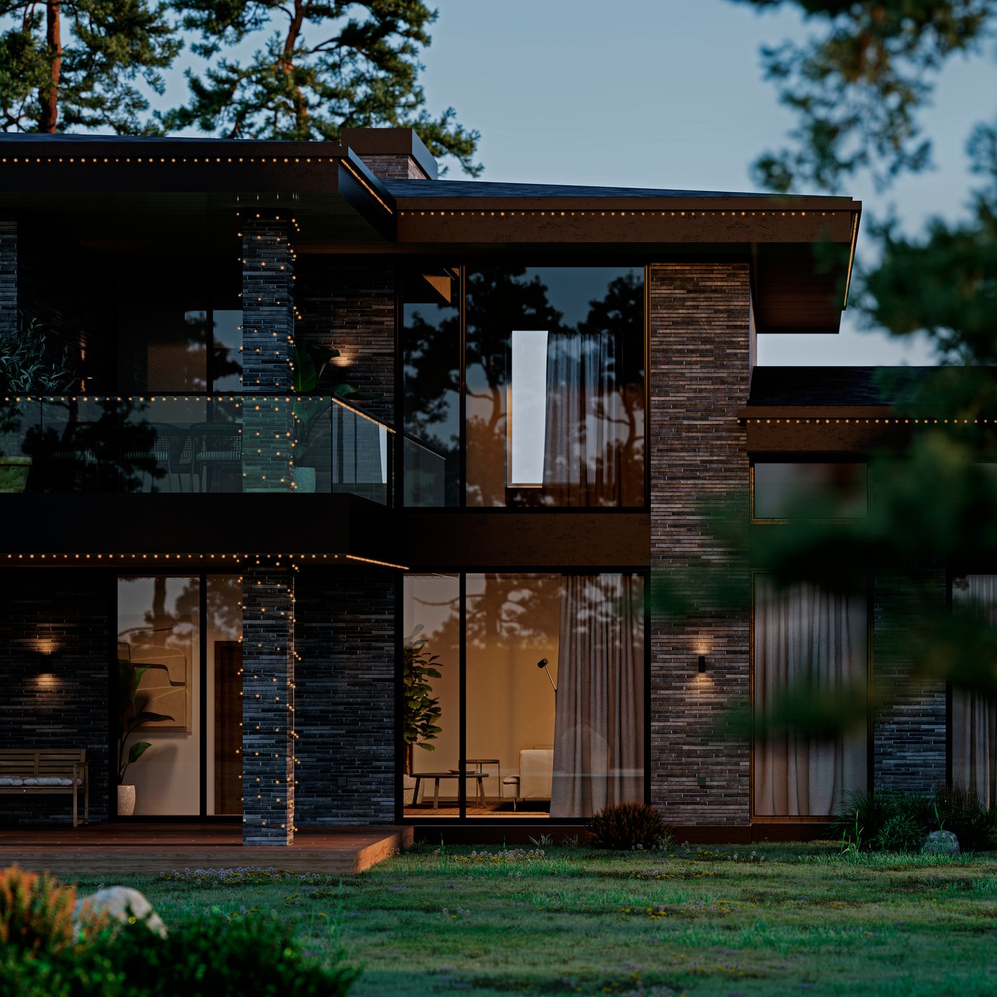 Eine GETKÅL Lichterkette, LED, mit anpassbare Farbe für draußen, 24.8 m an einer Hausfassade.