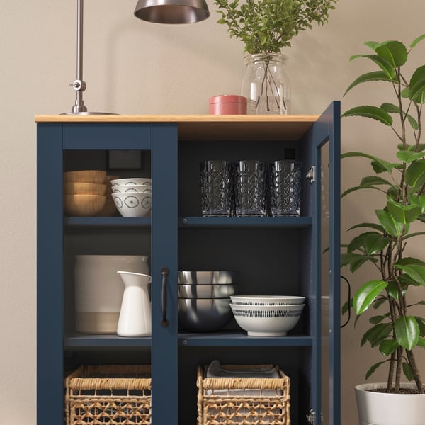 A black-blue SKRUVBY cabinet with glass doors filled with tableware and flanked by leafy plants stand in a light room.