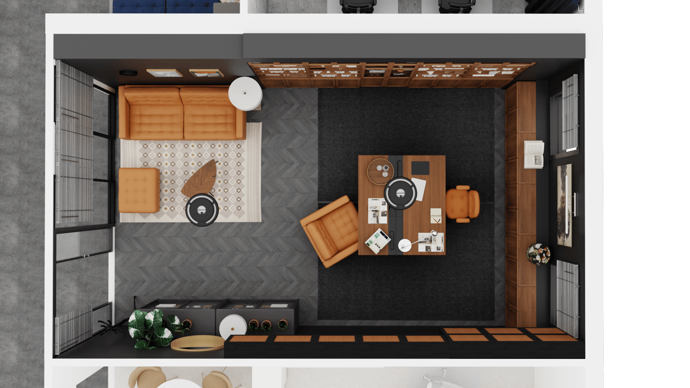 Grundriss eines Büros aus der Vogelperspektive. Links Ruhebereich mit einem Sofa, einem Sessel und einem Couchtisch, sowie gegenüberliegenden Aufbewahrungsmöbeln. Rechts ein großer Schreibtisch mit einem Bürostuhl und enem Besucherstuhl. Rechts und links vom Schreibtisch, sowie dahinter Bücherregale und andere Aufbewahrung.