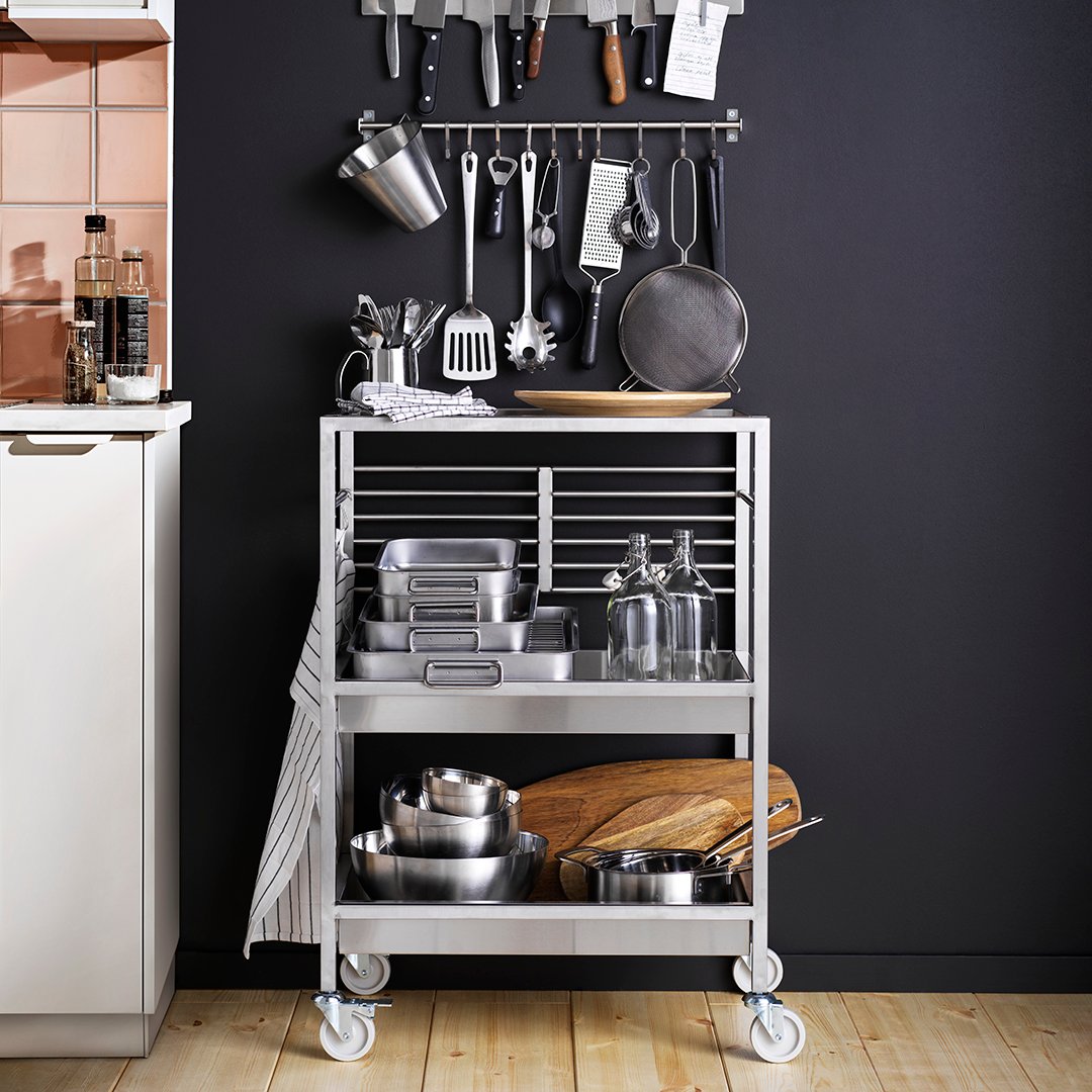 A stainless steel KUNGSFORS kitchen trolley in the kitchen
