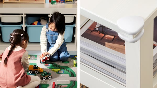 子どもが車のおもちゃで遊んでいるところと、家具の角にカバーがかかっている。 