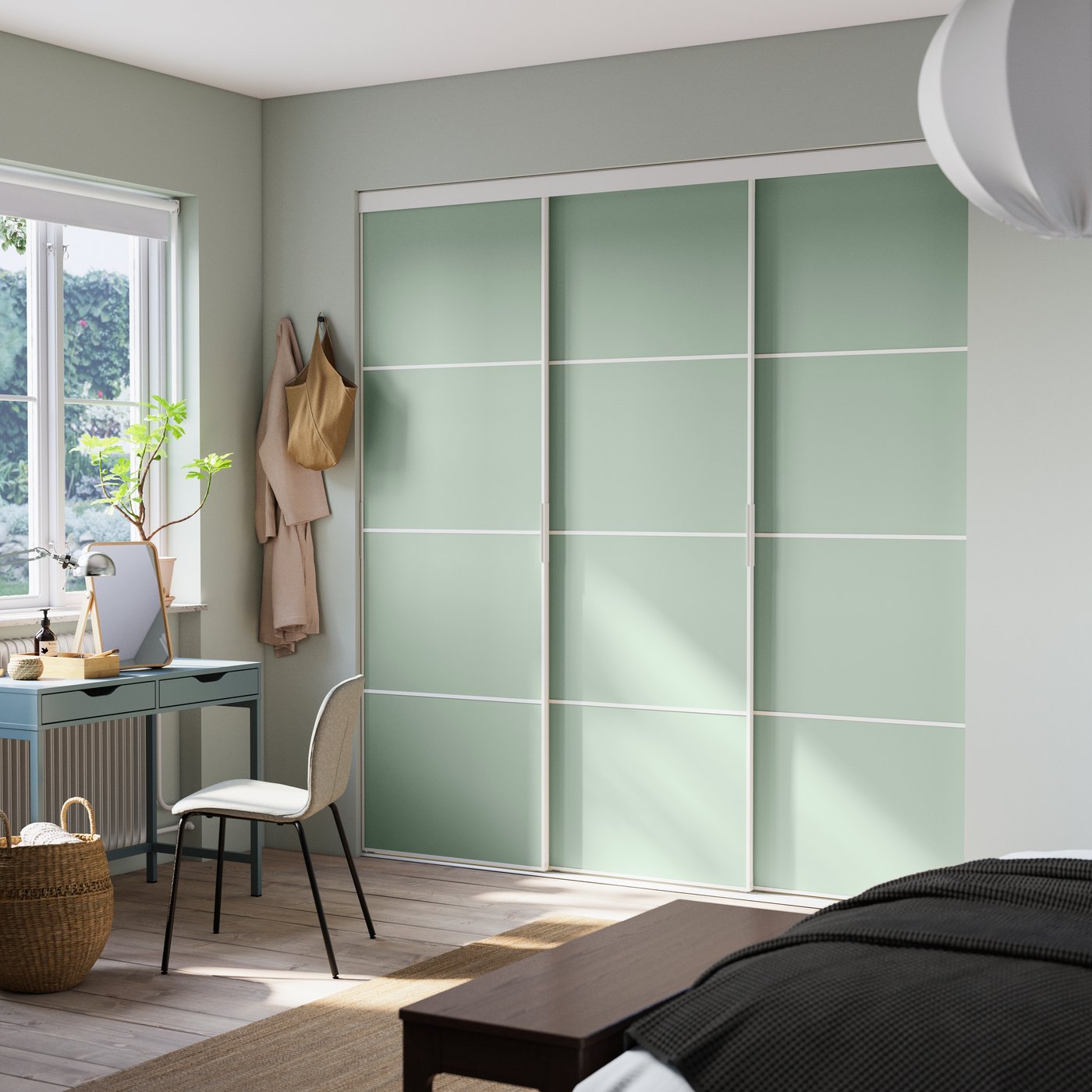 A white white/Mehamn light green AURDAL walk-in wardrobe with sliding doors