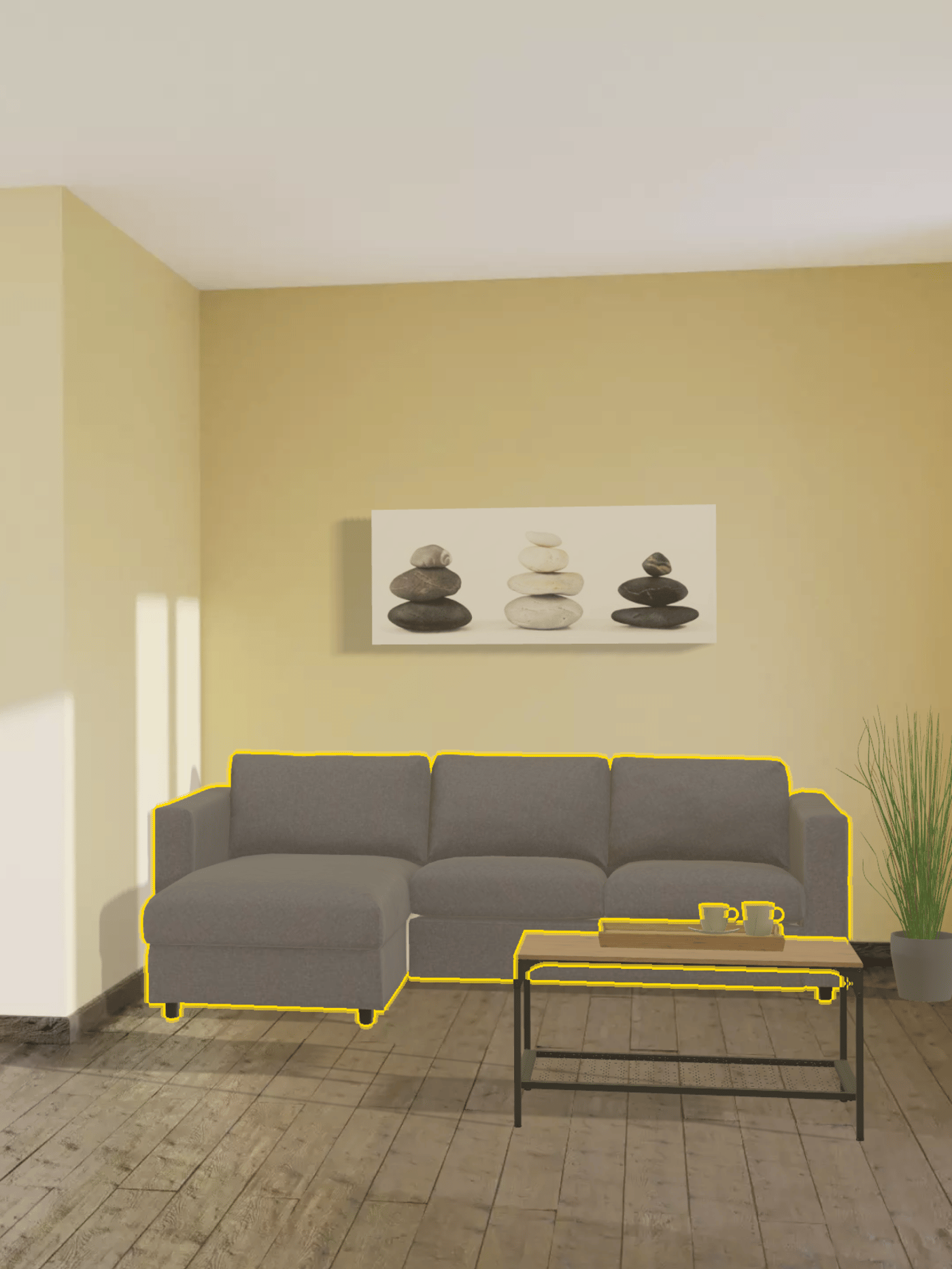 A visual representation in IKEA Kreativ of a grey corner sofa with a left-hand corner in the living room.