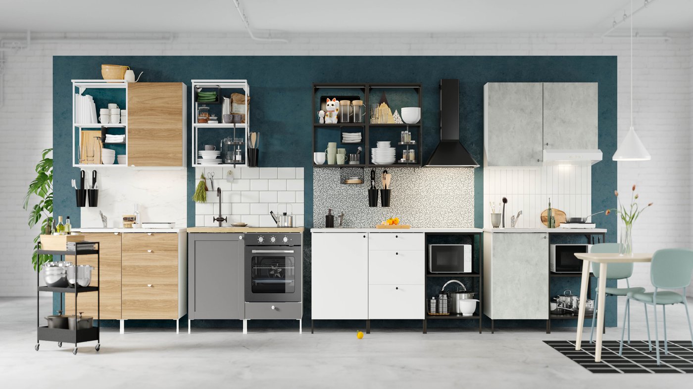 A collection of 4 small kitchenettes using the IKEA ENHET range.