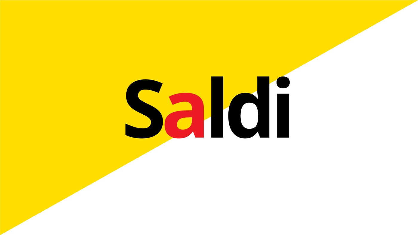 Un immagine con sfondo giallo e bianco. Al centro la scritta saldi con la a rossa. 