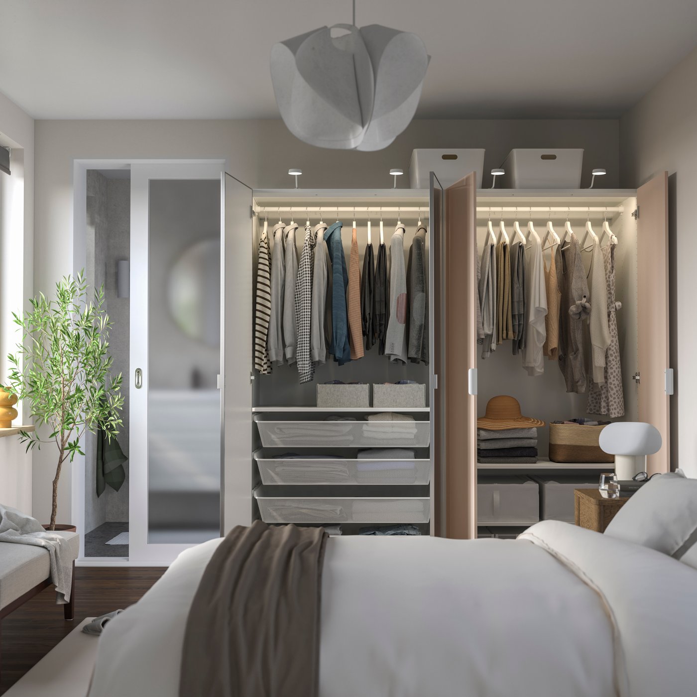 A white high-gloss/light orange mirror glass PAX wardrobe combination