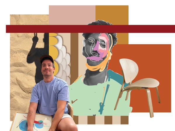 A moodboard in earthy colours, an image of a FRÖSET armchair, and a portrait of João.