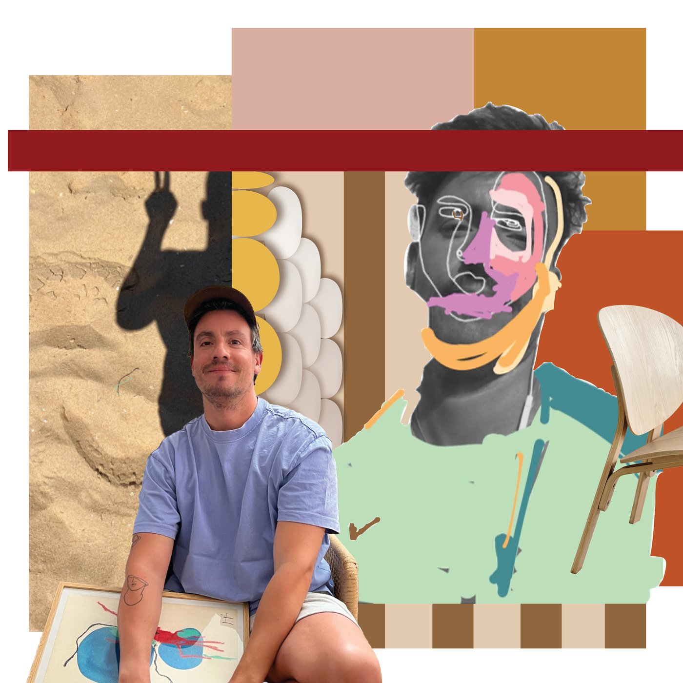 A moodboard in earthy colours, an image of a FRÖSET armchair, and a portrait of João.