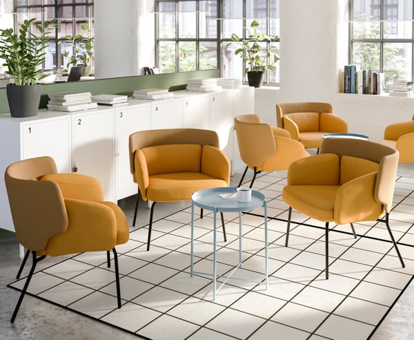 A blue GLADOM tray table in the living room
