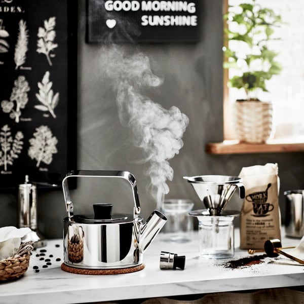 A stainless steel METALLISK kettle in the kitchen