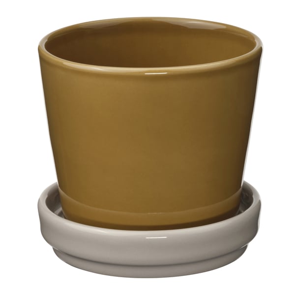 KLOTLÖNN クロートロン 植木鉢 受け皿付き, 室内/屋外用/ダークイエロー ライトベージュ