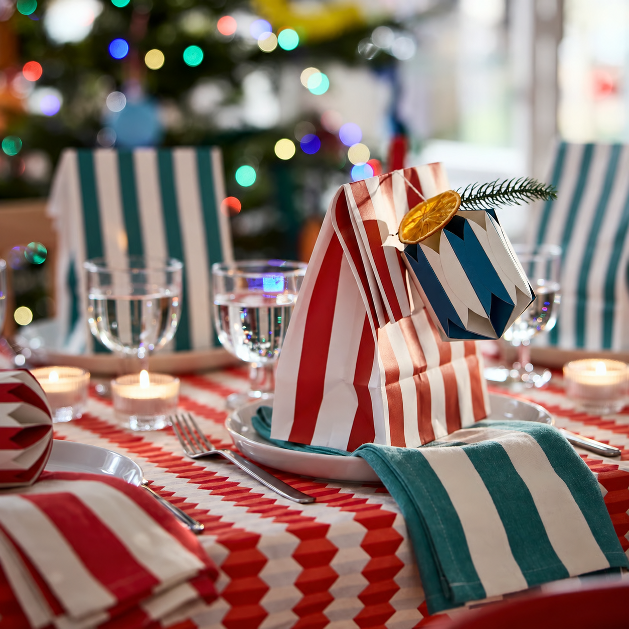 A striped red/turquoise VINTERFINT tea towel